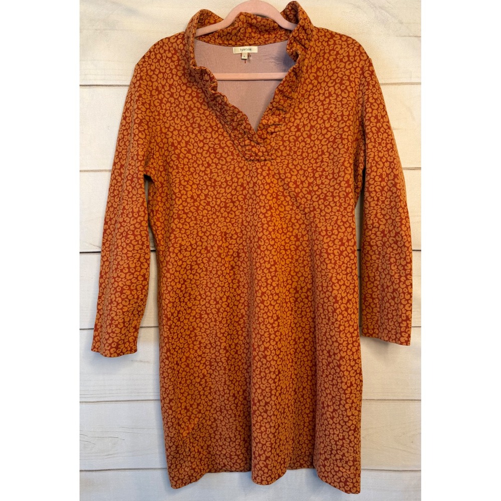 Tyler Boe Orange Leopard Print Ruffle Collar Lurex Shift Dress Womens Large